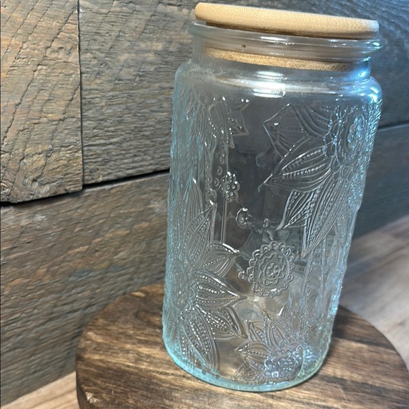Glass Storage Jar with Wooden Lid Airtight Seal Intricate Design Great for Decor - Picture 2 of 10